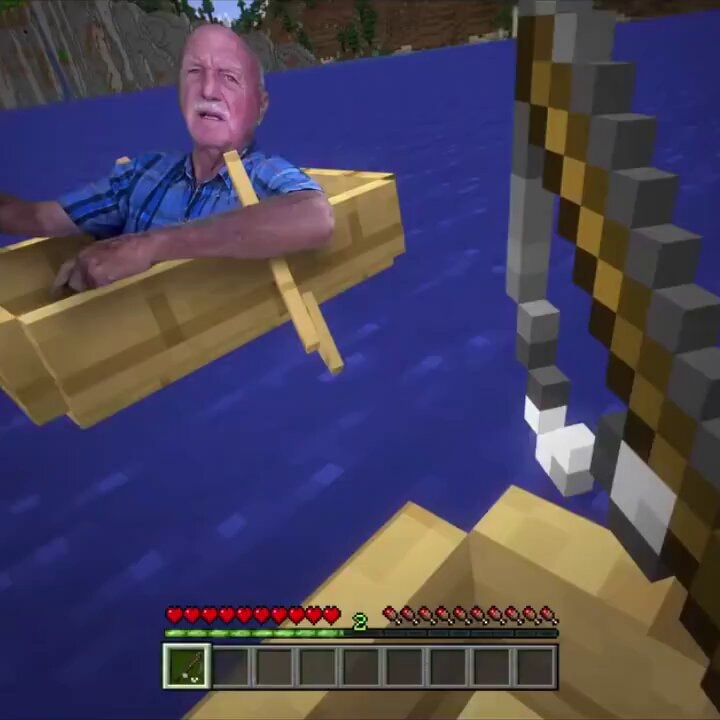 confused man in minecraft boat
