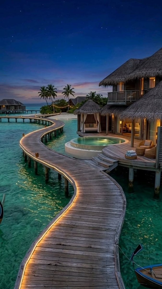 Maldives overwater bungalows at twilight
