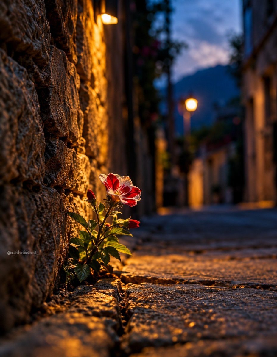 red and white flower on cobblestone
