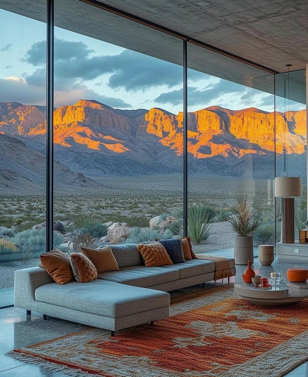 modern living room sunset view