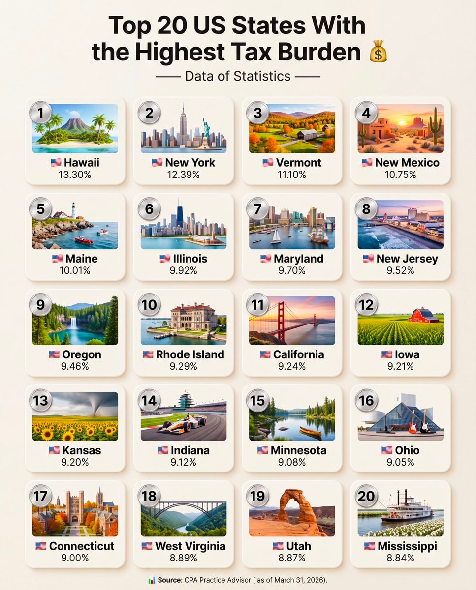 Top 20 US States With the Highest Tax Burden