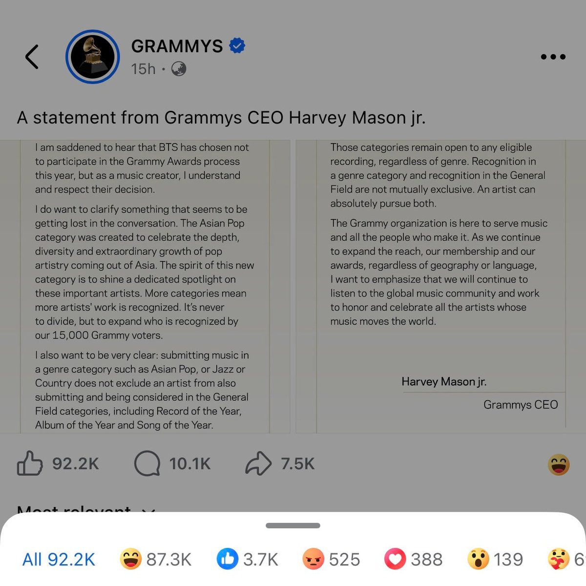 Grammys CEO Harvey Mason Jr BTS statement