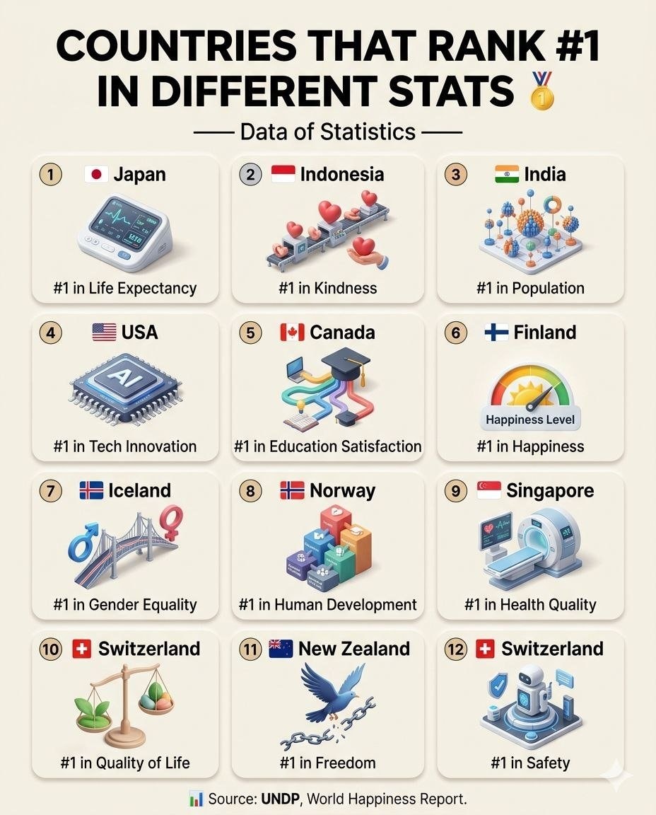 Countries that rank #1 in different stats 🥇