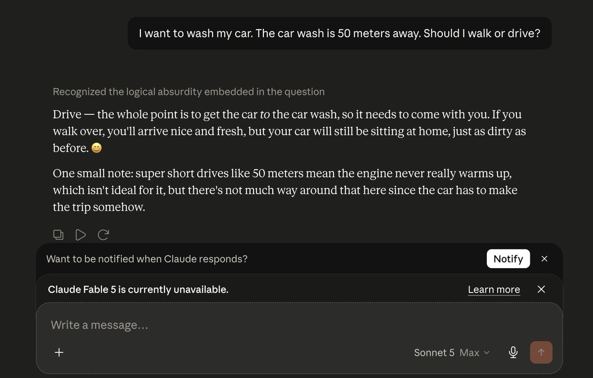 Claude Sonnet 5 car wash test