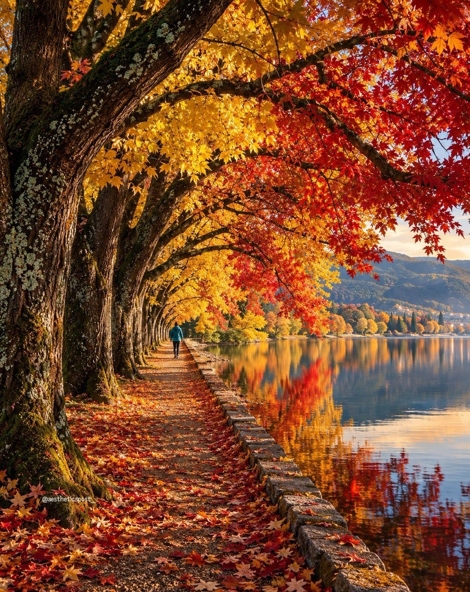lone figure walking autumn trees