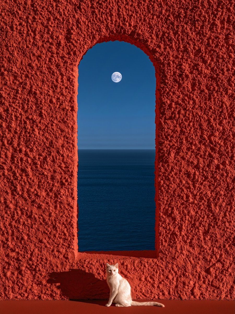 White cat red wall moon ocean White cat red wall moon ocean