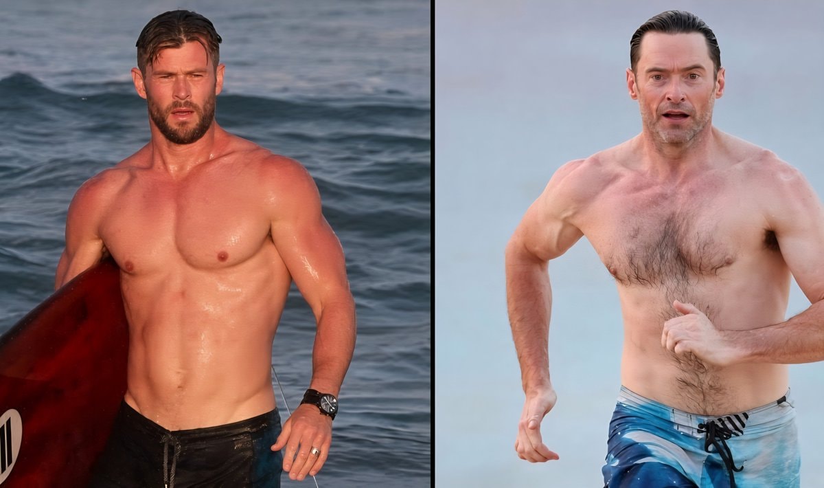 Chris Hemsworth and Hugh Jackman beach physiques