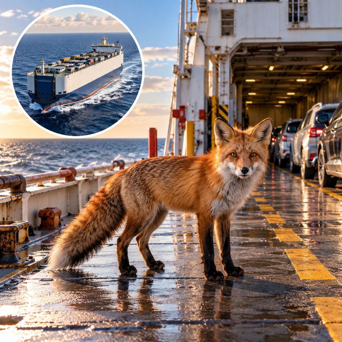 Fox stowaway on a cargo ship