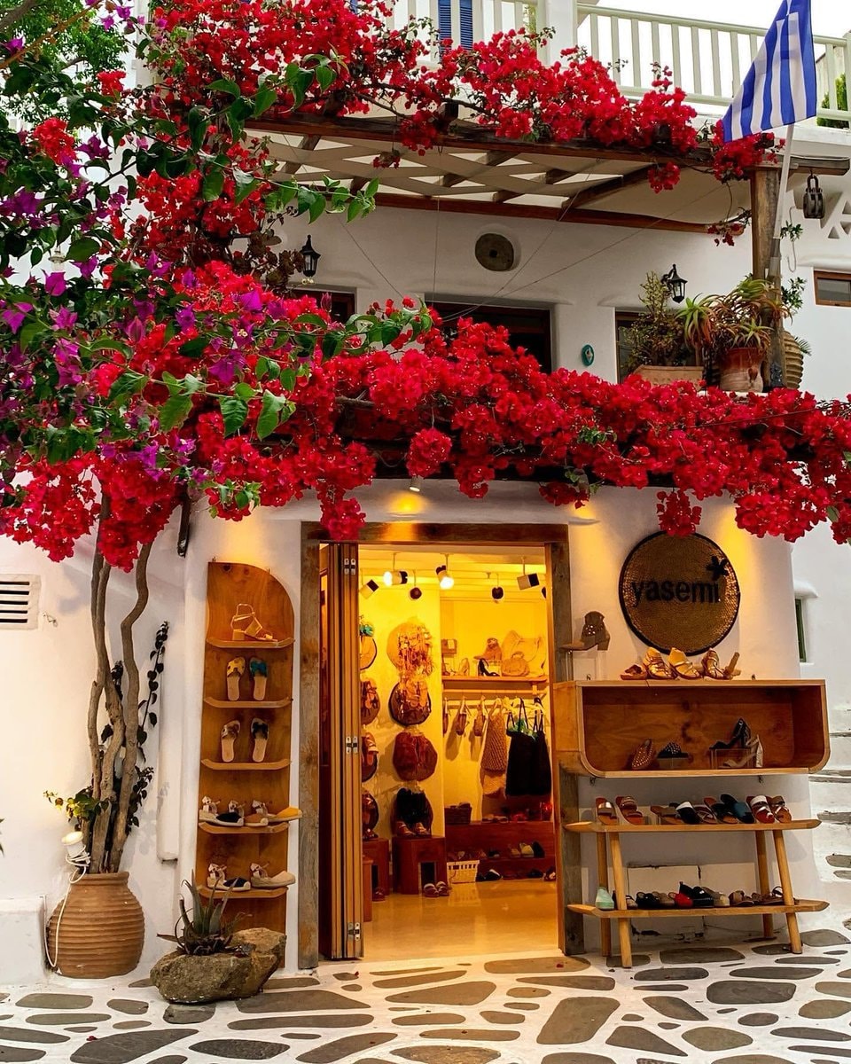 Mykonos Greece sandal shop bougainvillea (photo 1 of 4)