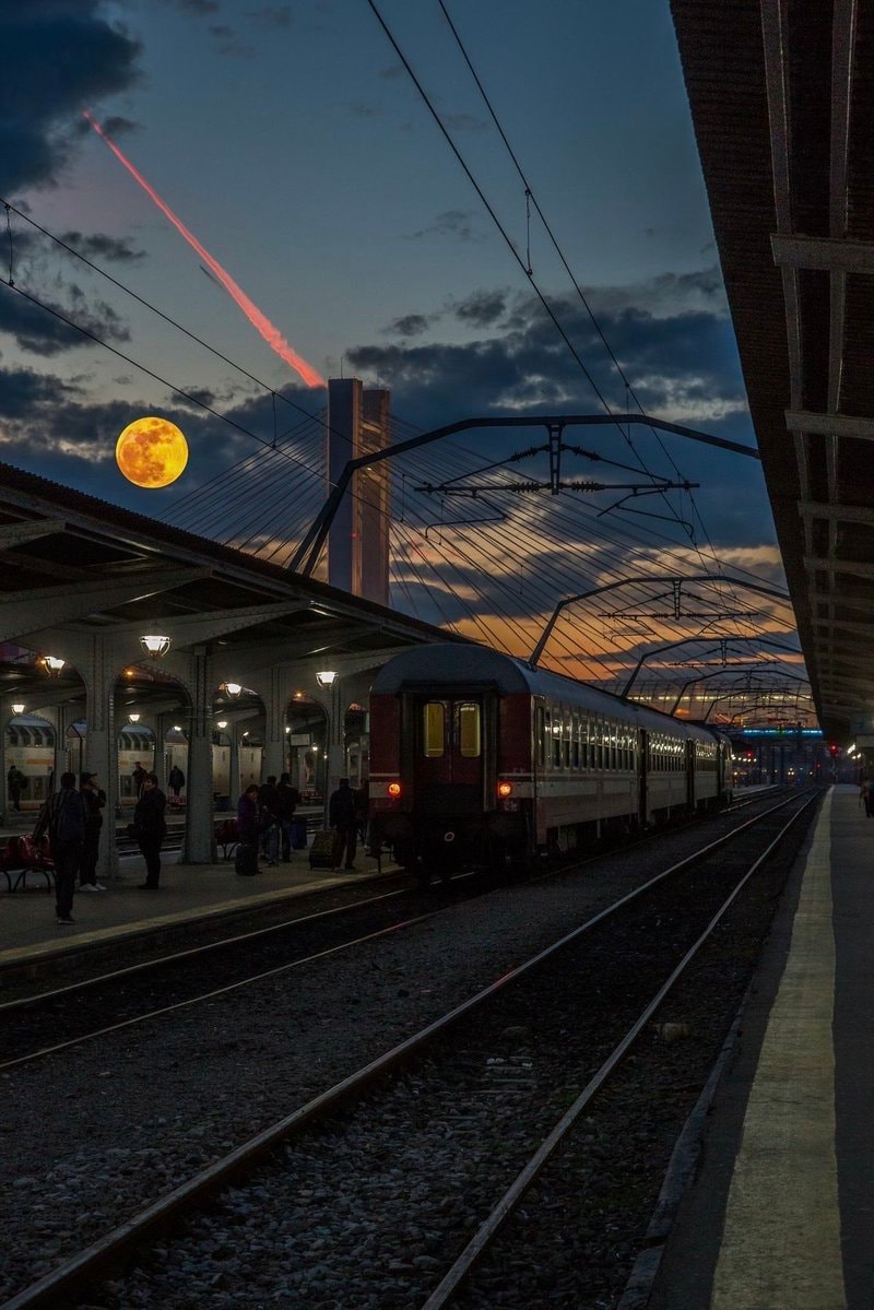 train station dusk scene