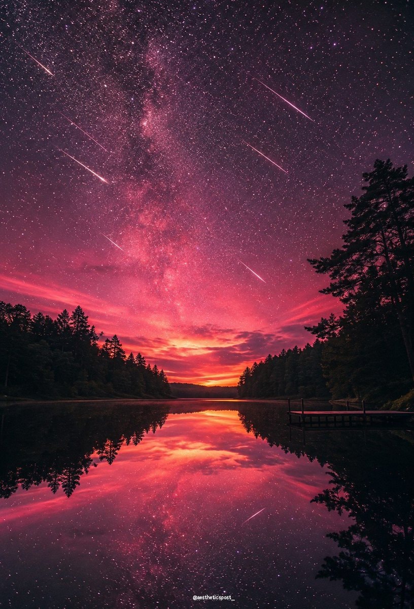 Lake reflecting pink orange sunset sky
