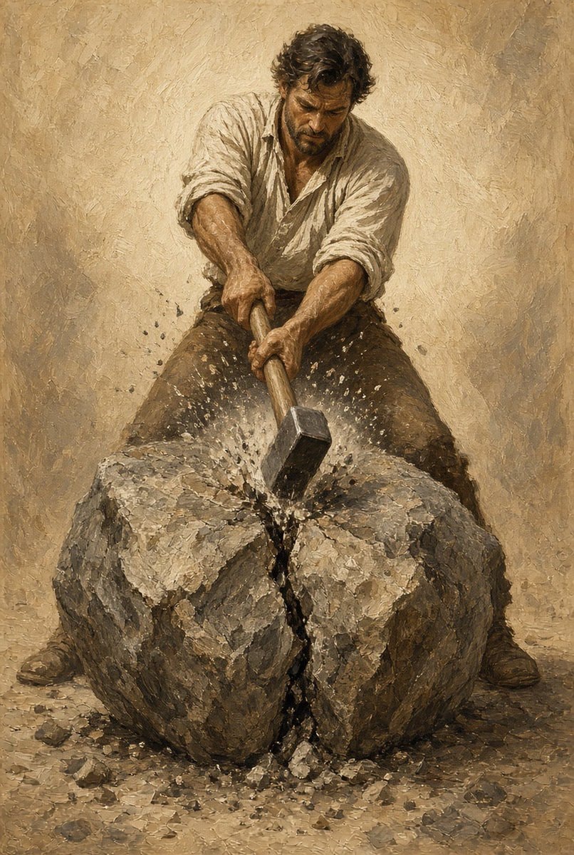 man breaking rock with sledgehammer