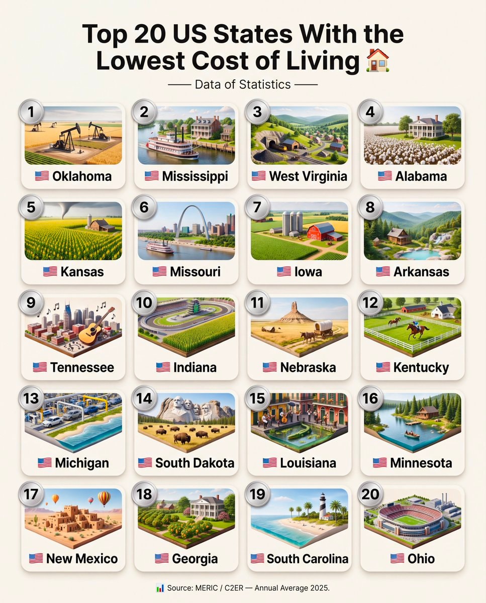 Top 20 US States Lowest Cost of Living