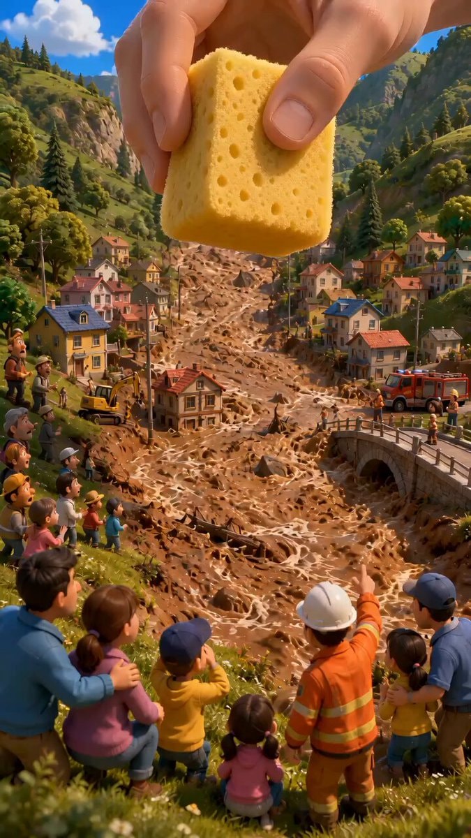 giant hand miniature village mudslide