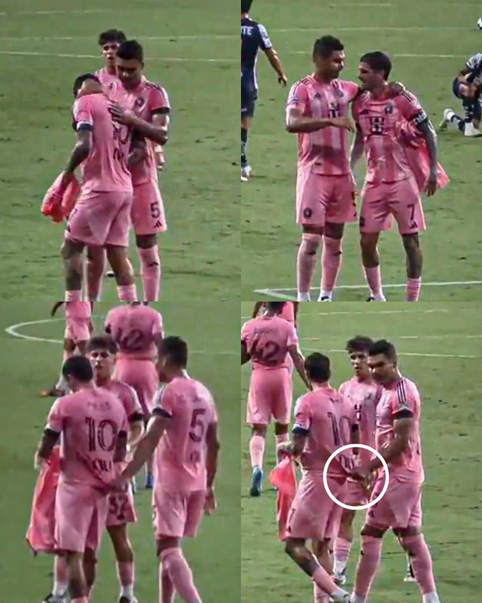 Casemiro points at Messi jersey during de Paul celebration