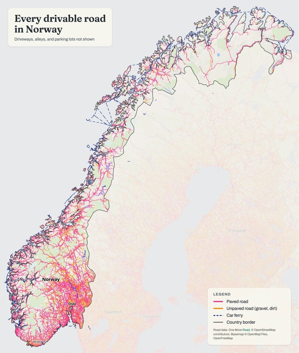 Norway drivable roads map