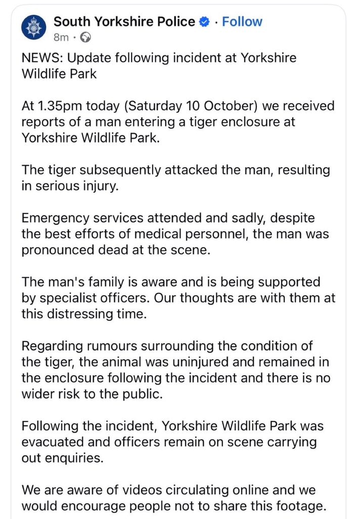 South Yorkshire Police update on wildlife park incident South Yorkshire Police update on wildlife park incident