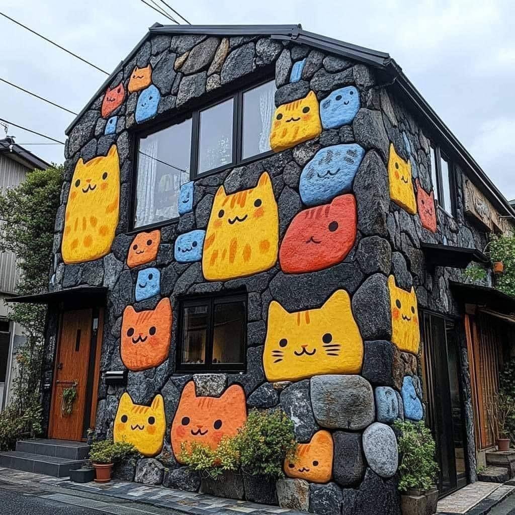colorful cat faces on stone building colorful cat faces on stone building