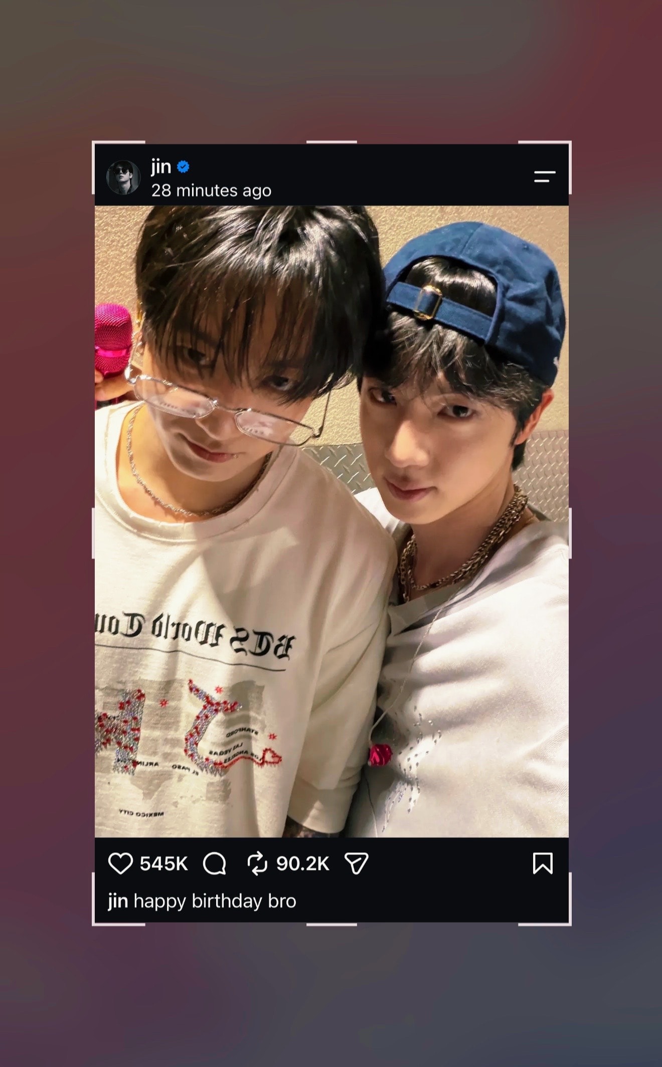 Jin happy birthday bro Jungkook