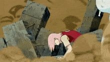 Sakura lying amidst rubble