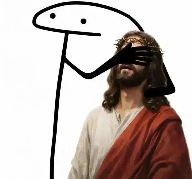 Stick figure covers Jesus' eyes