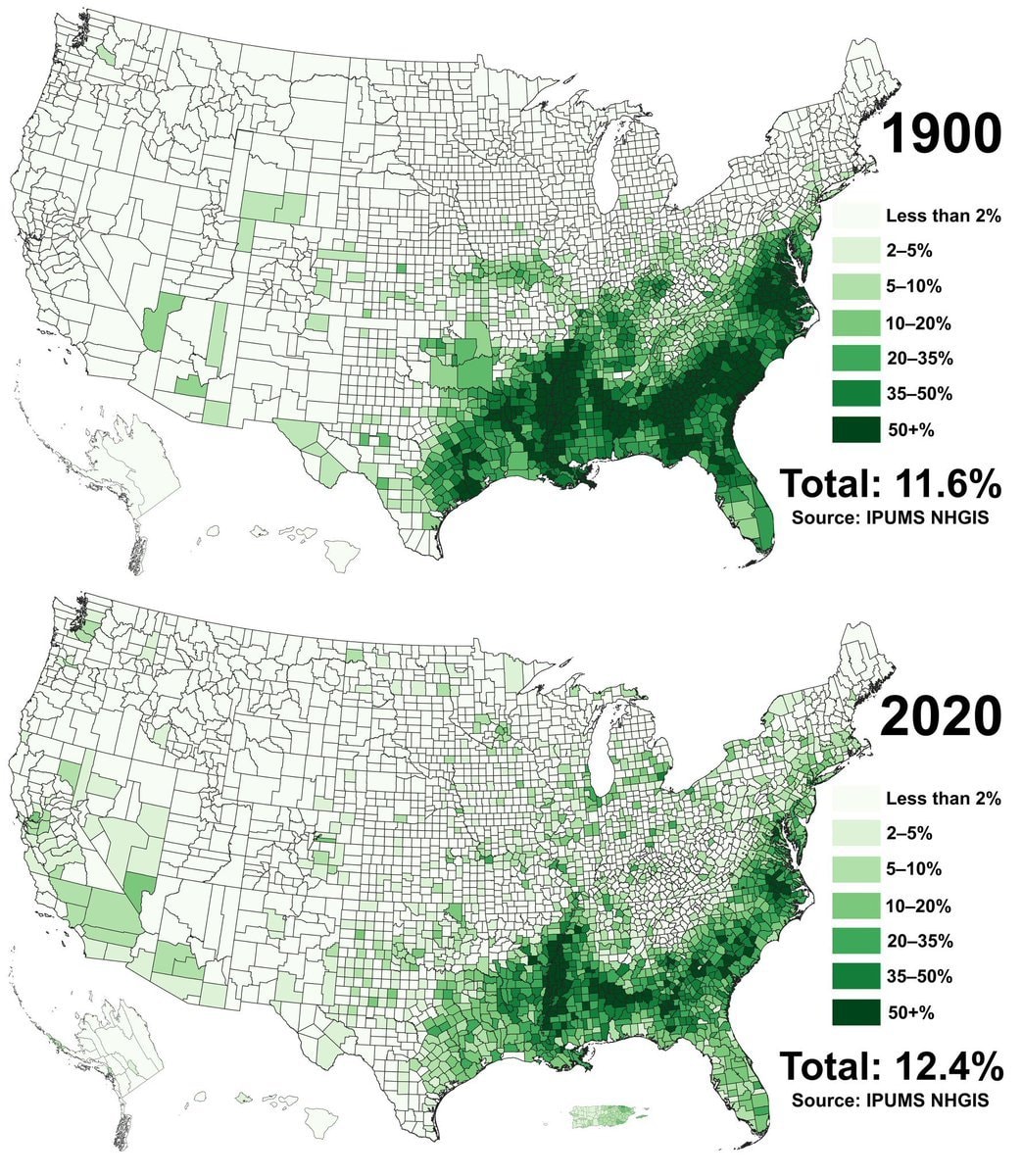Black population share by U.S. county 1900 vs 2020