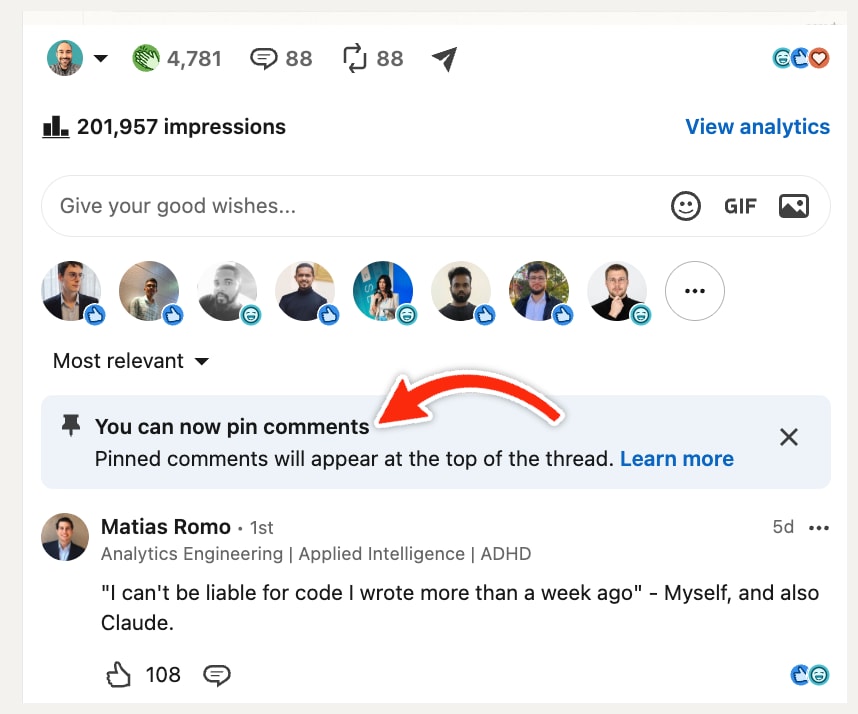 LinkedIn pin comments feature