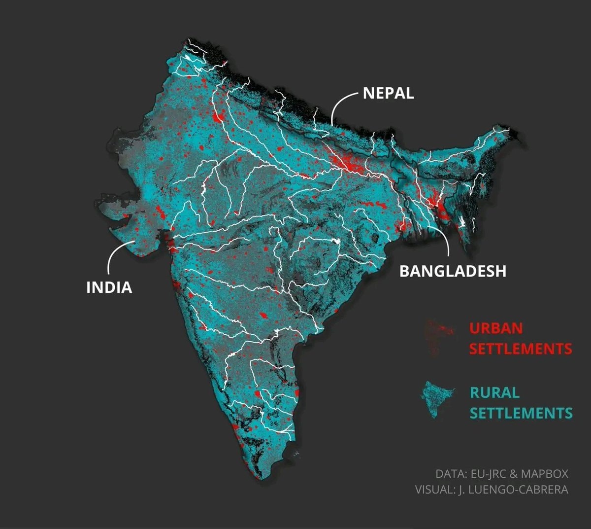 India Nepal Bangladesh Urban Clusters Map