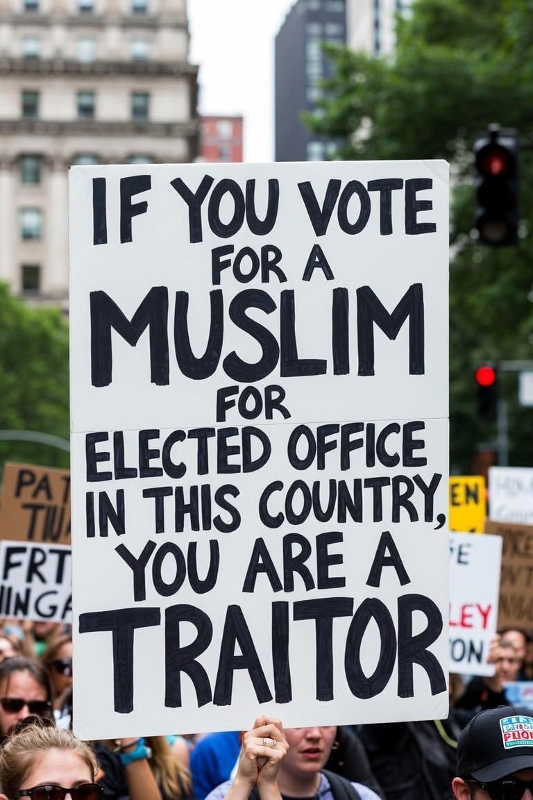 Protest sign Muslim candidate traitor