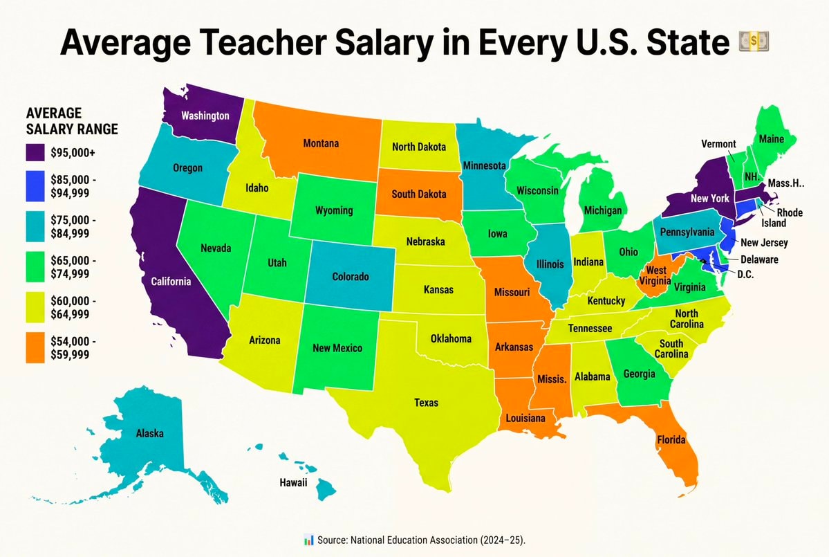 Average teacher salary by US state