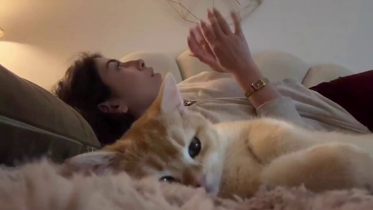 Woman and orange cat relaxing