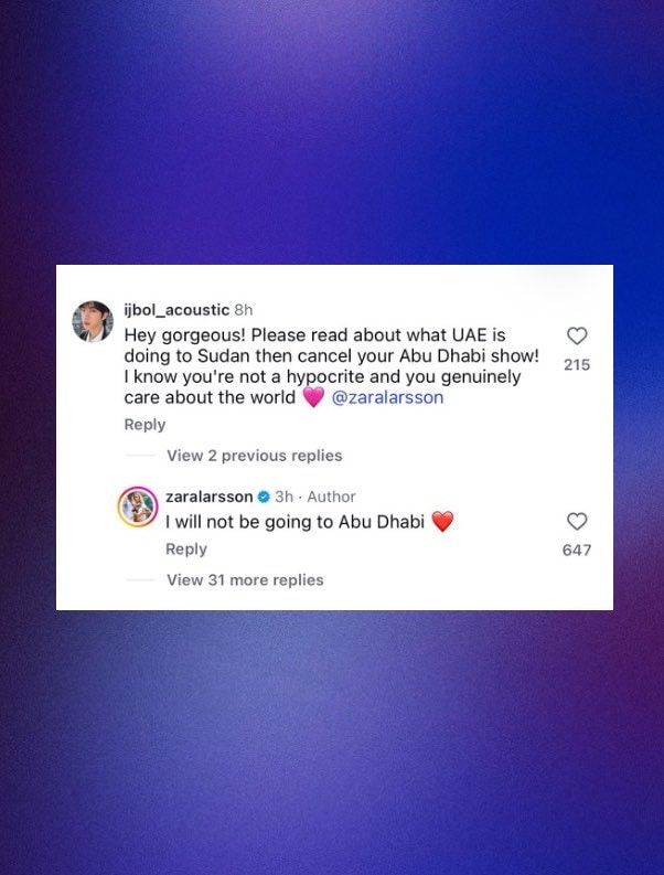 Zara Larsson Abu Dhabi show cancelled (photo 2 of 2)