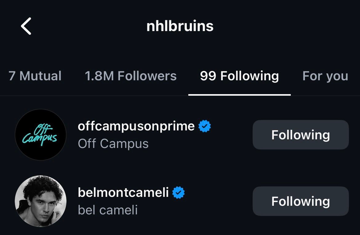 Boston Bruins follow Off Campus and Belmont Cameli 👀