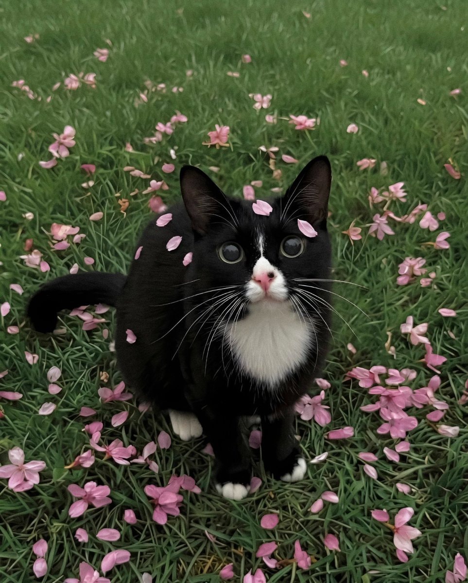 Black cat pink flower petals field (photo 2 of 2)