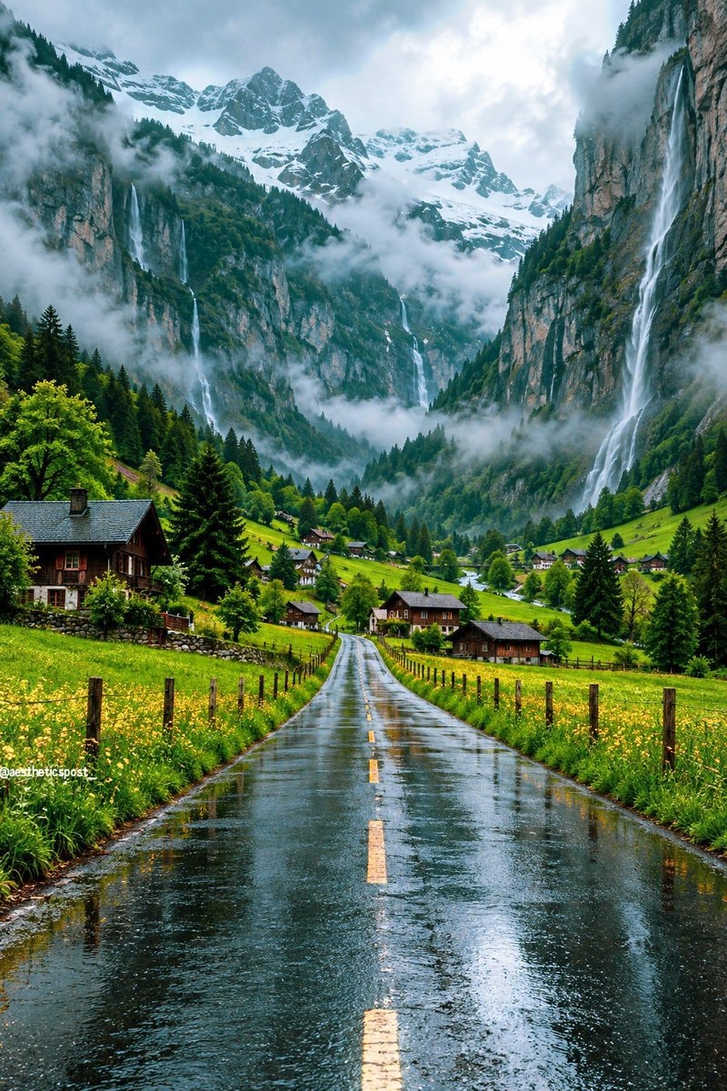 valley road with wooden houses and waterfalls