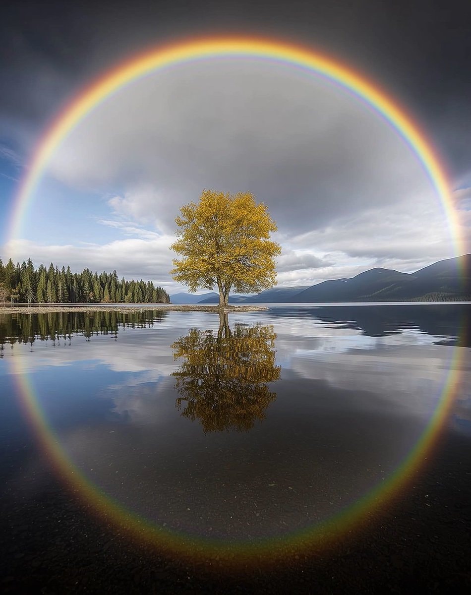 Golden tree rainbow over lake