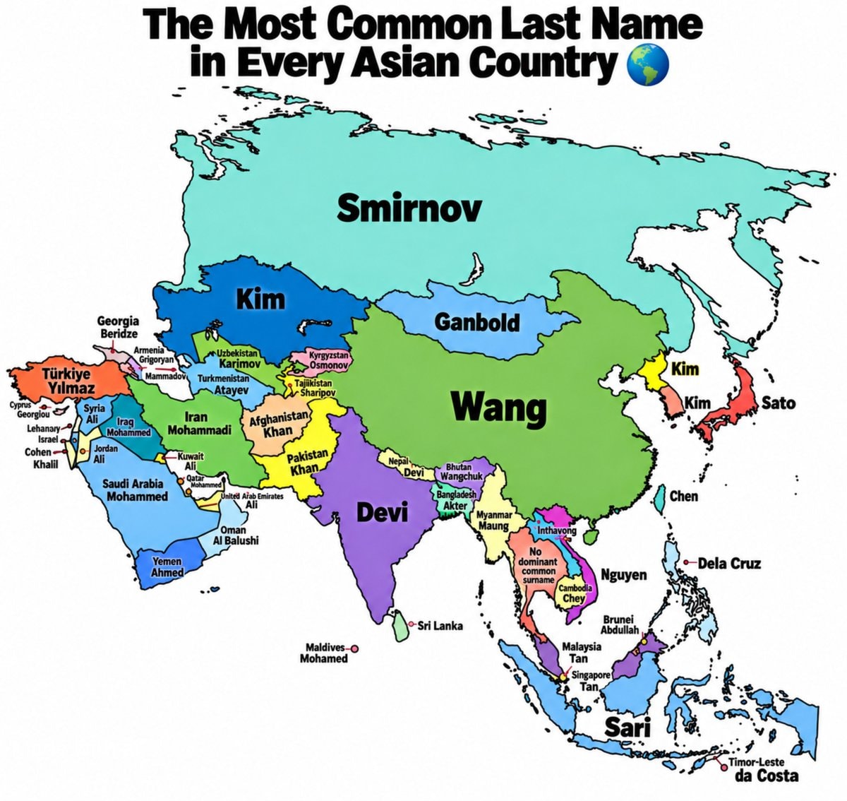 Most common last names in Asian countries