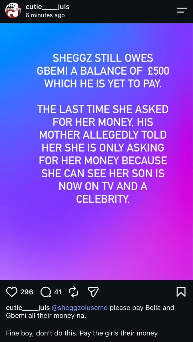 Sheggz owes Gbemi £500