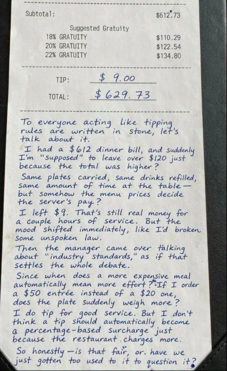 Receipt with $9 tip on $612 bill