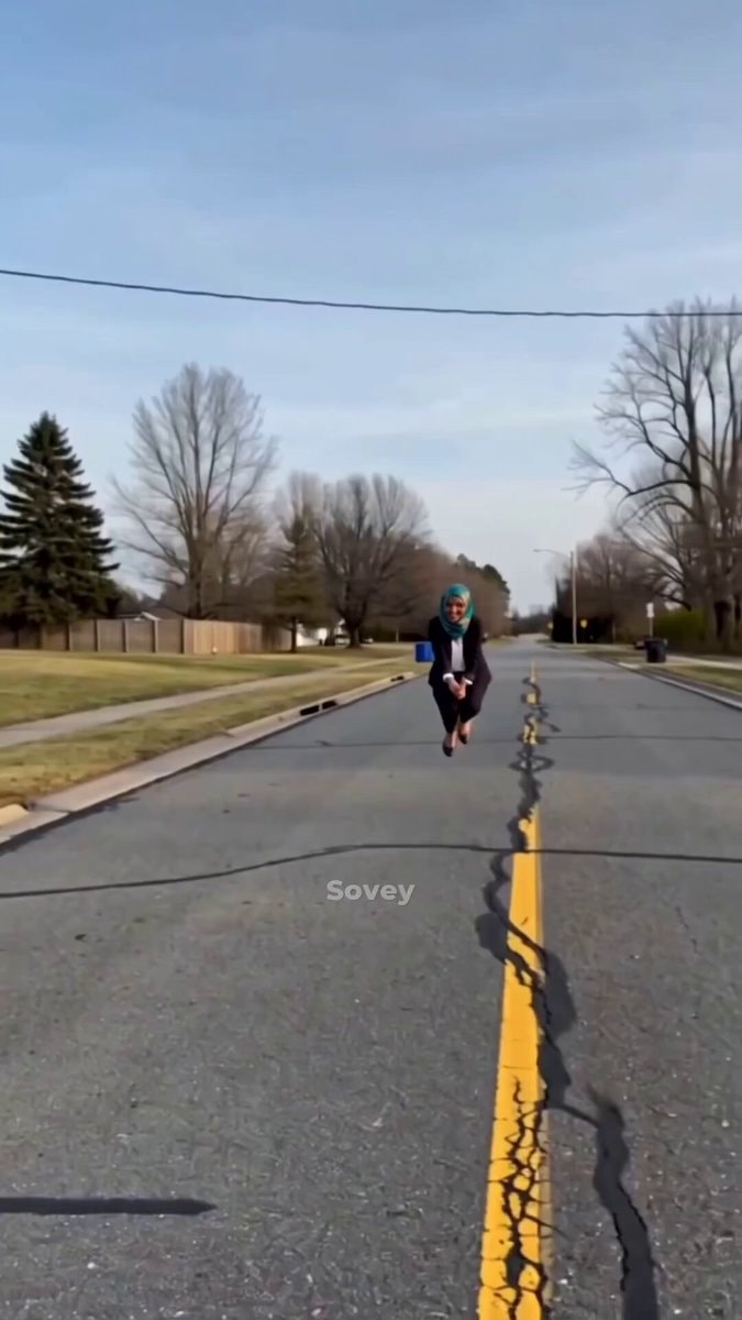 Ilkhan Omar floating over suburban street