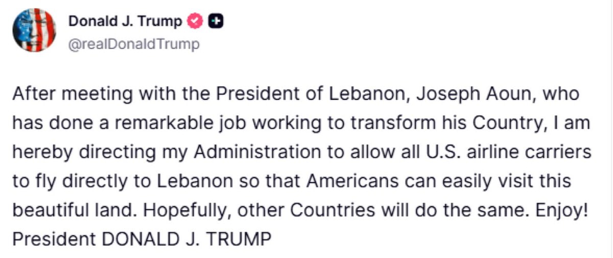 Trump directs U.S. airlines to fly directly to Lebanon