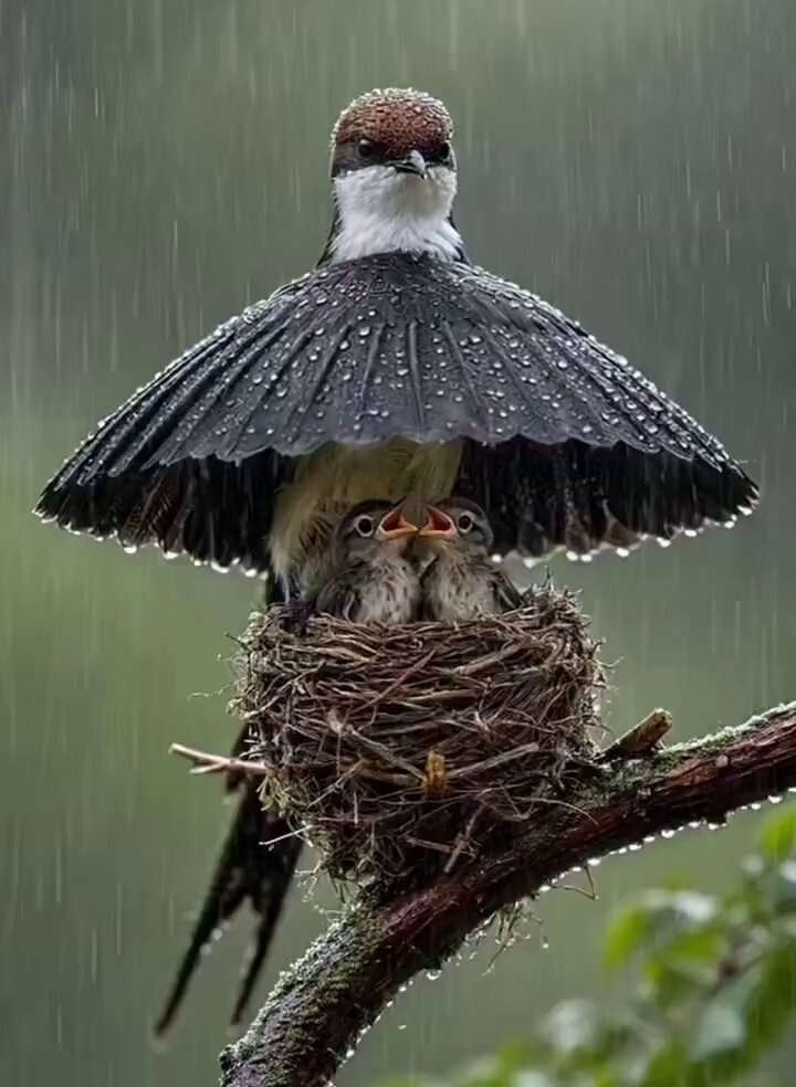 Mother bird protecting chicks from rain