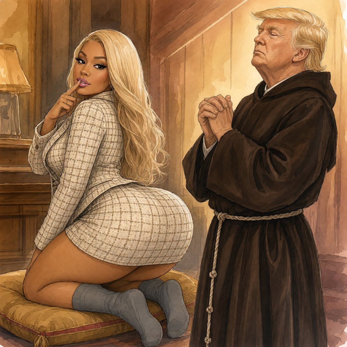 Woman in plaid suit and man in monk robe