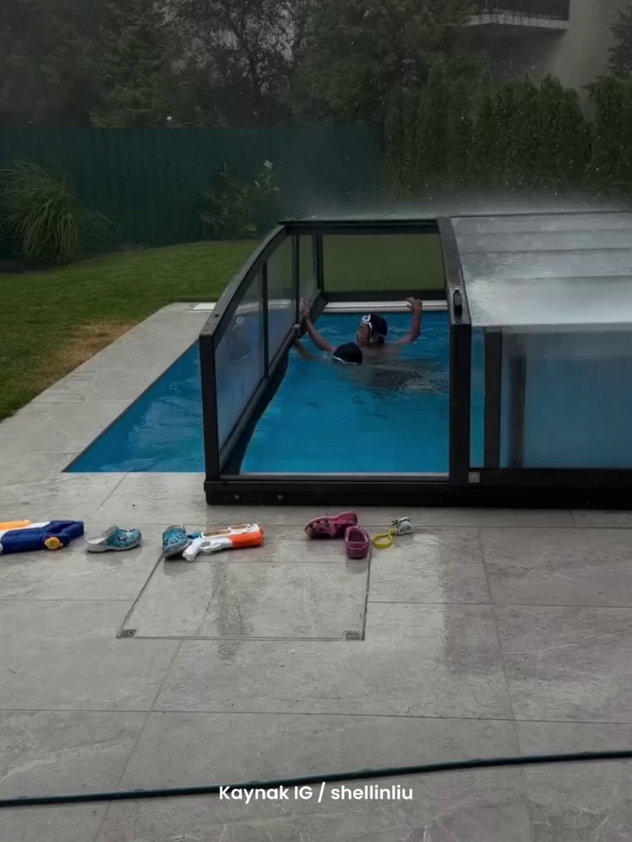 Outdoor pool setup after rain