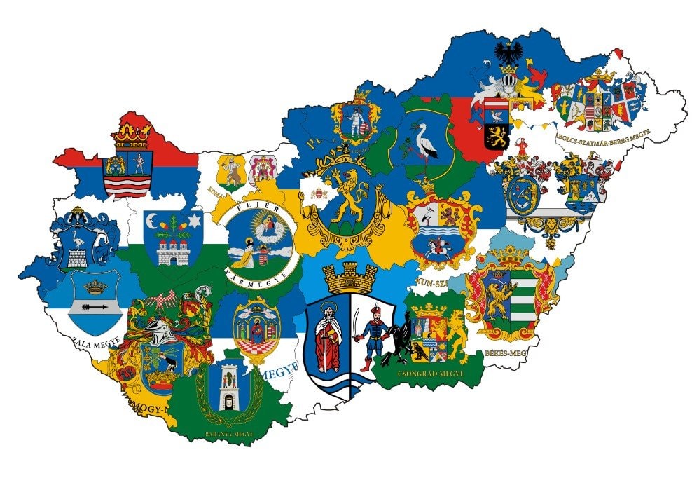 Hungary county map with coats of arms
