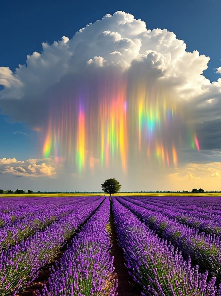 lavender field with rainbow rain cloud