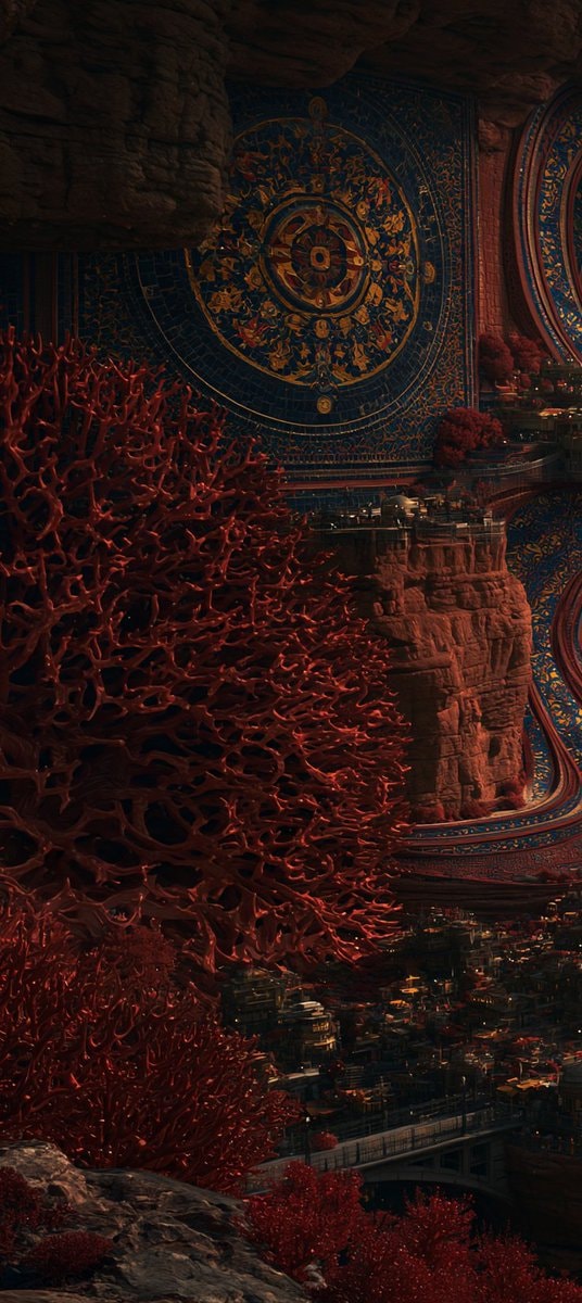 fantasy city on red cliff face