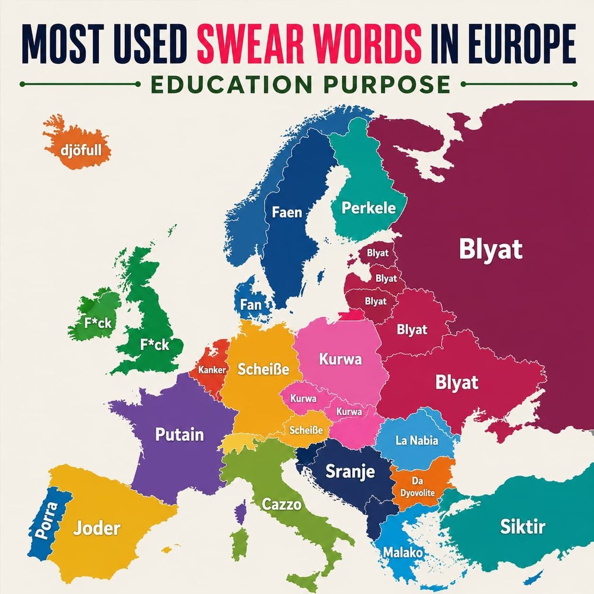 Most Used Swear Words In Europe map