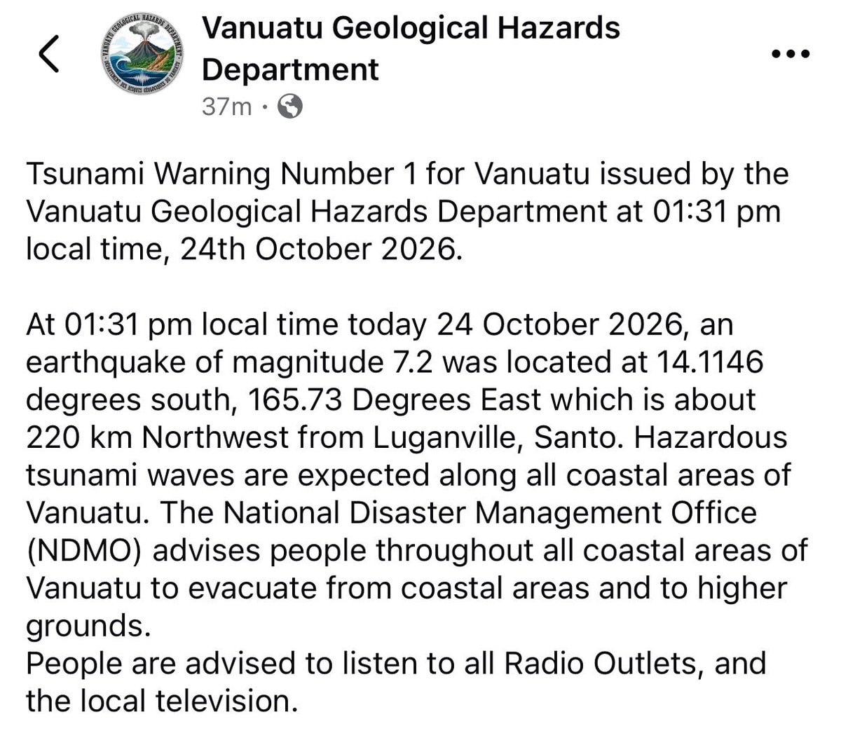 Vanuatu tsunami warning after earthquake