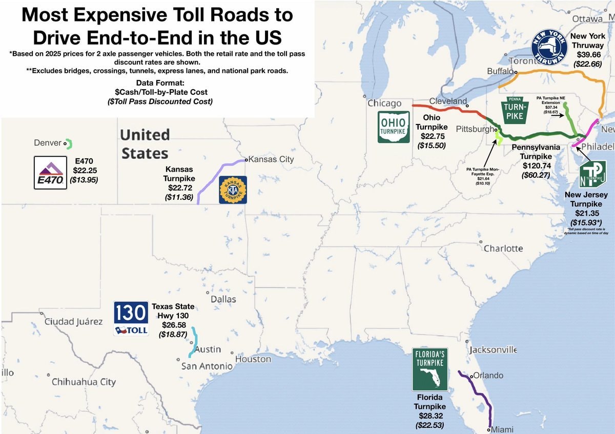 most expensive US toll roads map